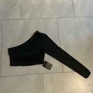 One shoulder cut out cropped black top